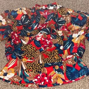 Vintage Tropical and Animal Print Floral Button-Front Shirt in Red 8